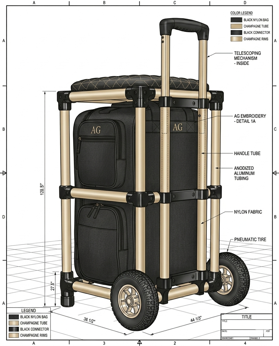 Technical CAD drawing of the Glide rolling bag showing dimensioned front and side views with callouts for the anodized aluminum tubing, champagne-colored connectors, telescoping handle mechanism, nylon fabric panels, and pneumatic tires.