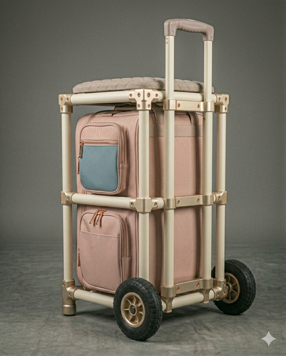 The Rose Cream colorway — cream anodized tubes and corners, dusty rose fabric panels with a slate teal pocket detail, and champagne gold hardware. Shown on a seamless studio backdrop.